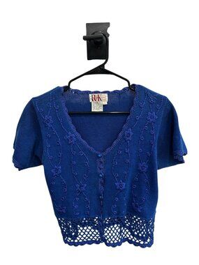 R&K Originals 8 Blue Cropped Knit Cardigan Floral Embroidery Cottagecore